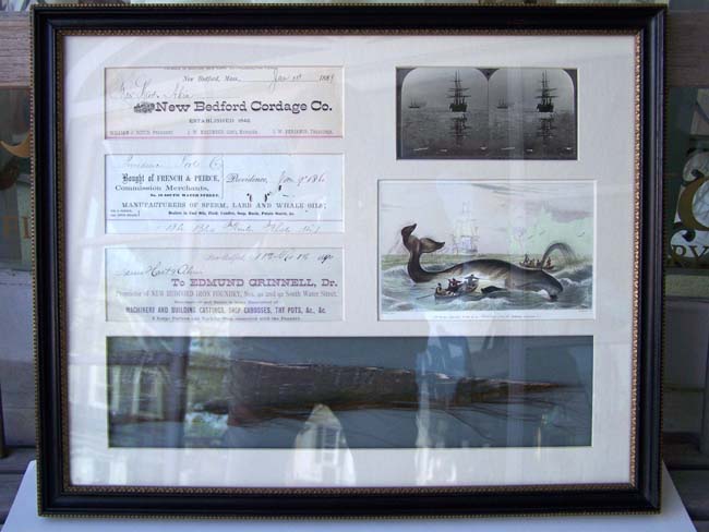A framed grouping of 19th century Whaling related items